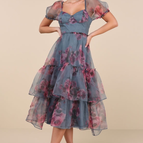 Lulus Ideally Lovely Slate Blue Floral Organza Lace-up Midi Dress - Size L - Picture 1 of 5